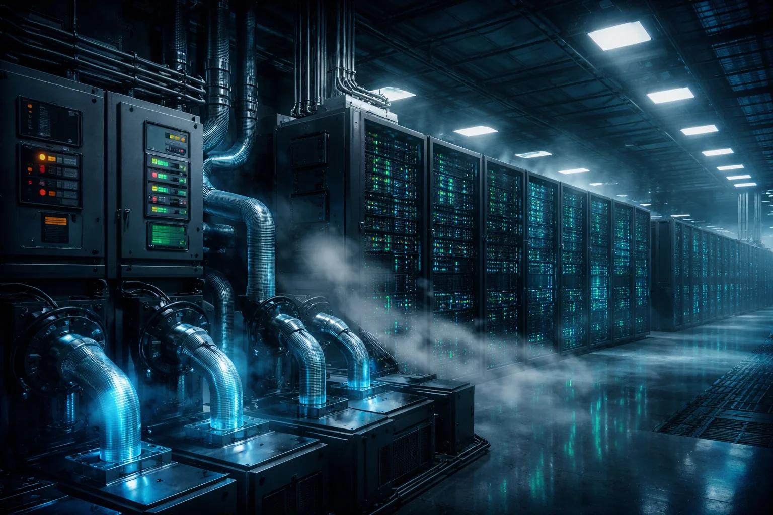 AI data center showing high-density server racks, power distribution systems, and cooling infrastructure highlighting energy and thermal constraints