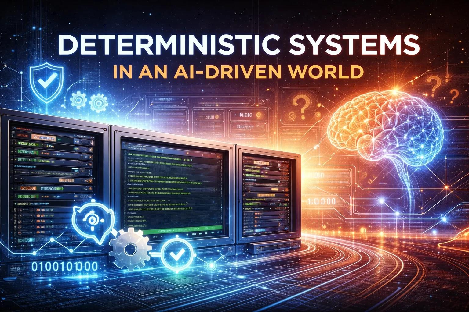 Deterministic computing systems with Linux servers contrasted against artificial intelligence, illustrating why predictable infrastructure still matters in an AI-driven world