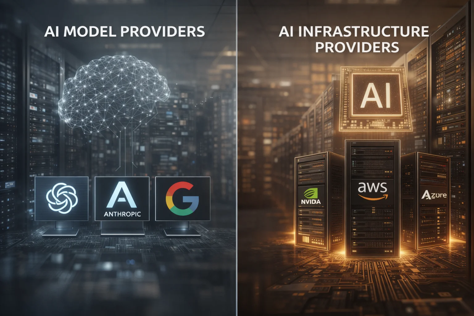 Side-by-side comparison of AI model providers and AI infrastructure providers showing language models on one side and data center servers and AI compute hardware on the other, illustrating how the AI market is structured in 2026