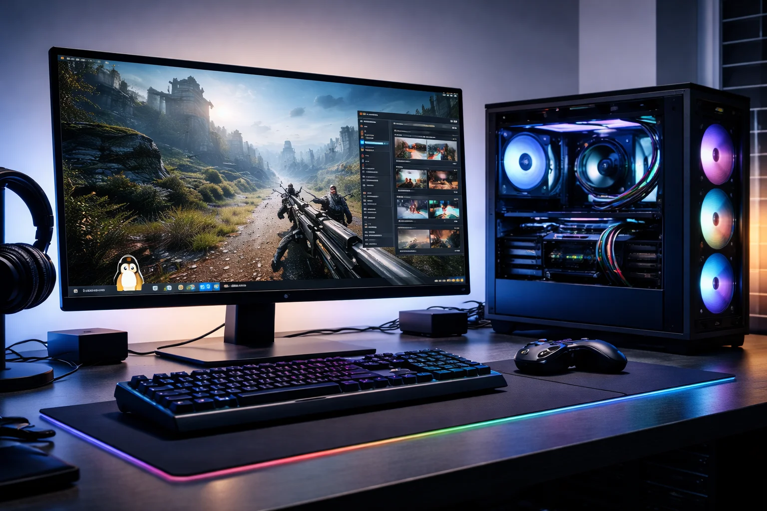 Modern gaming PC running Linux with a high-performance desktop setup, RGB-lit hardware, and a PC game displayed on screen, illustrating the growing viability of Linux gaming in 2026