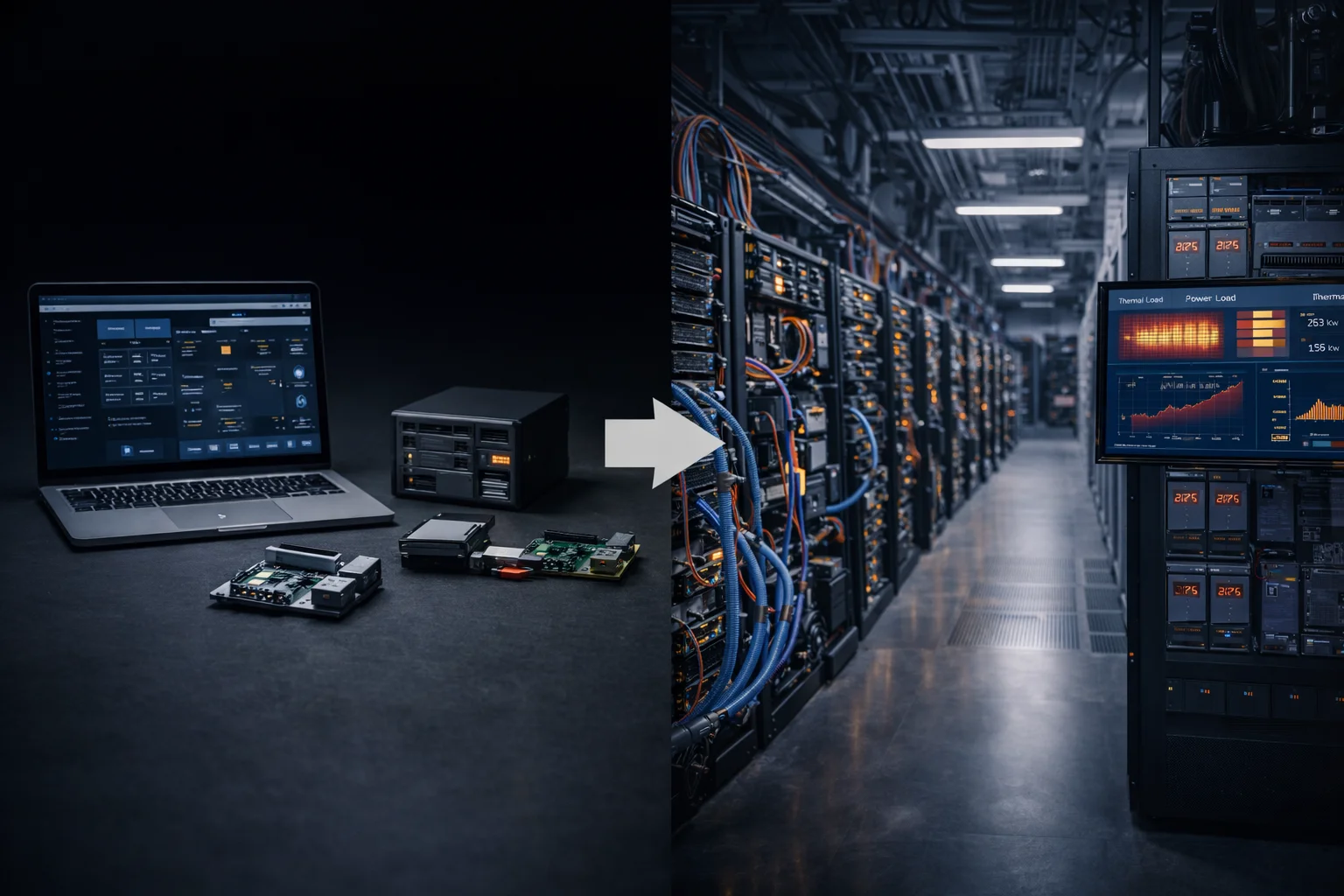 Photorealistic split-view image showing small distributed computing devices transitioning into a large centralized AI data center with GPU racks, highlighting the shift toward centralized infrastructure for modern AI workloads