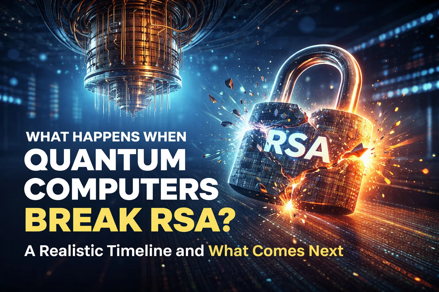 Realistic quantum computing processor with cryogenic hardware above a fractured metallic padlock symbolizing broken RSA encryption, blue and orange lighting, high-detail data center environment, wide 2:1 composition