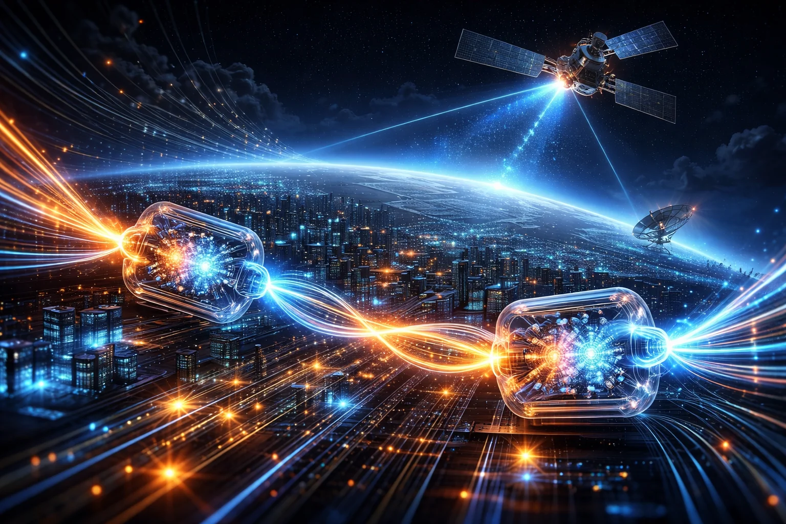 Realistic depiction of entangled photon communication between fiber optic nodes and an orbiting satellite above Earth at night, representing quantum internet infrastructure and secure quantum networking technology