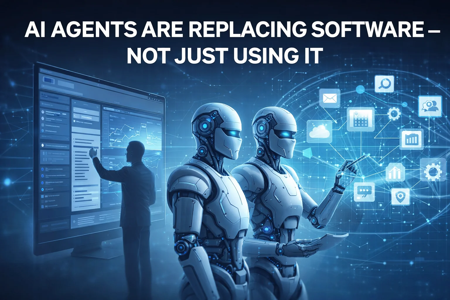 Professional futuristic scene showing AI-driven automation interacting with enterprise software systems through connected APIs and digital interfaces, representing autonomous agents replacing traditional dashboard-based workflows