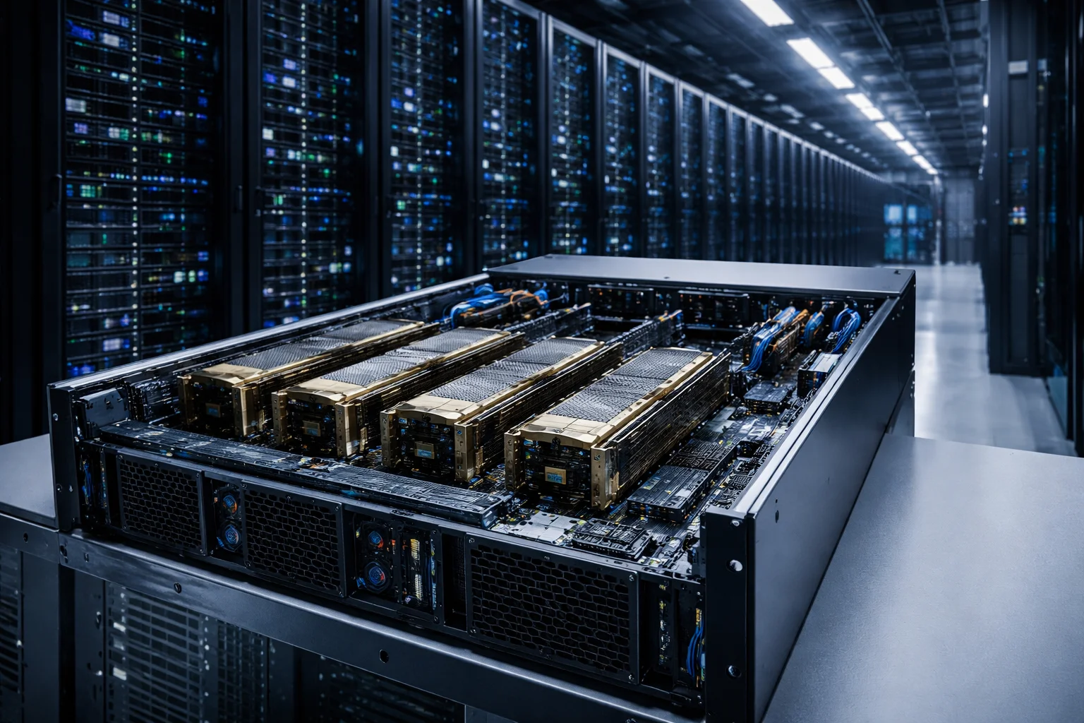 Open AI GPU server in modern data center showing high bandwidth memory accelerators connected via high-speed interconnect inside a high-density rack environment