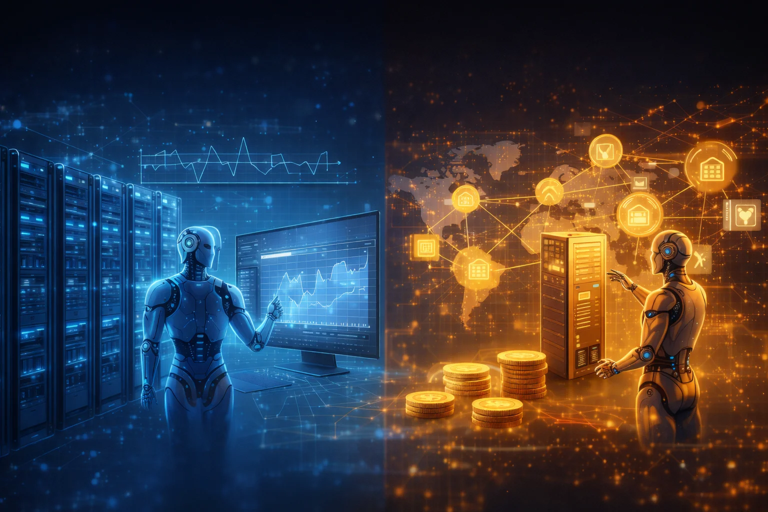 Split scene showing AI model training inside a blue-lit GPU data center on one side and real-time AI inference serving requests across a global network on the other, highlighting the infrastructure shift from training to deployment