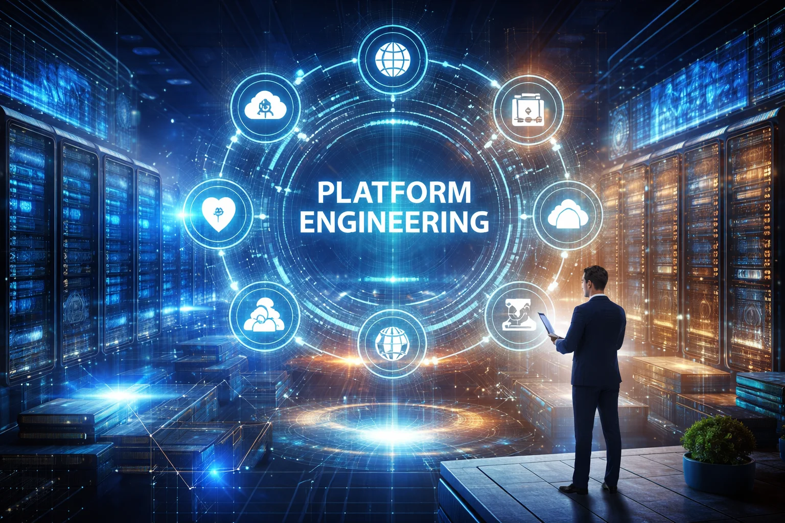 Modern enterprise data center with interconnected cloud and infrastructure nodes visualized in a central architectural control interface, representing platform engineering as a core enterprise architecture layer