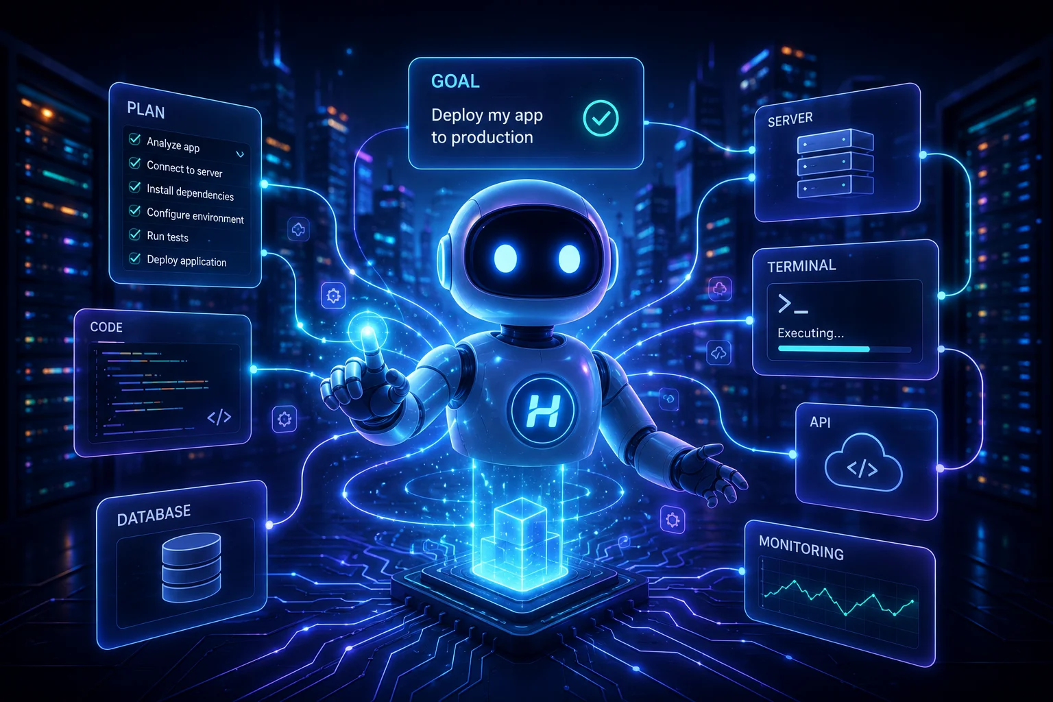 Futuristic autonomous AI agent orchestrating software deployment across interconnected systems including servers, APIs, databases, and monitoring tools, visualizing real-time task execution and intelligent workflow automation