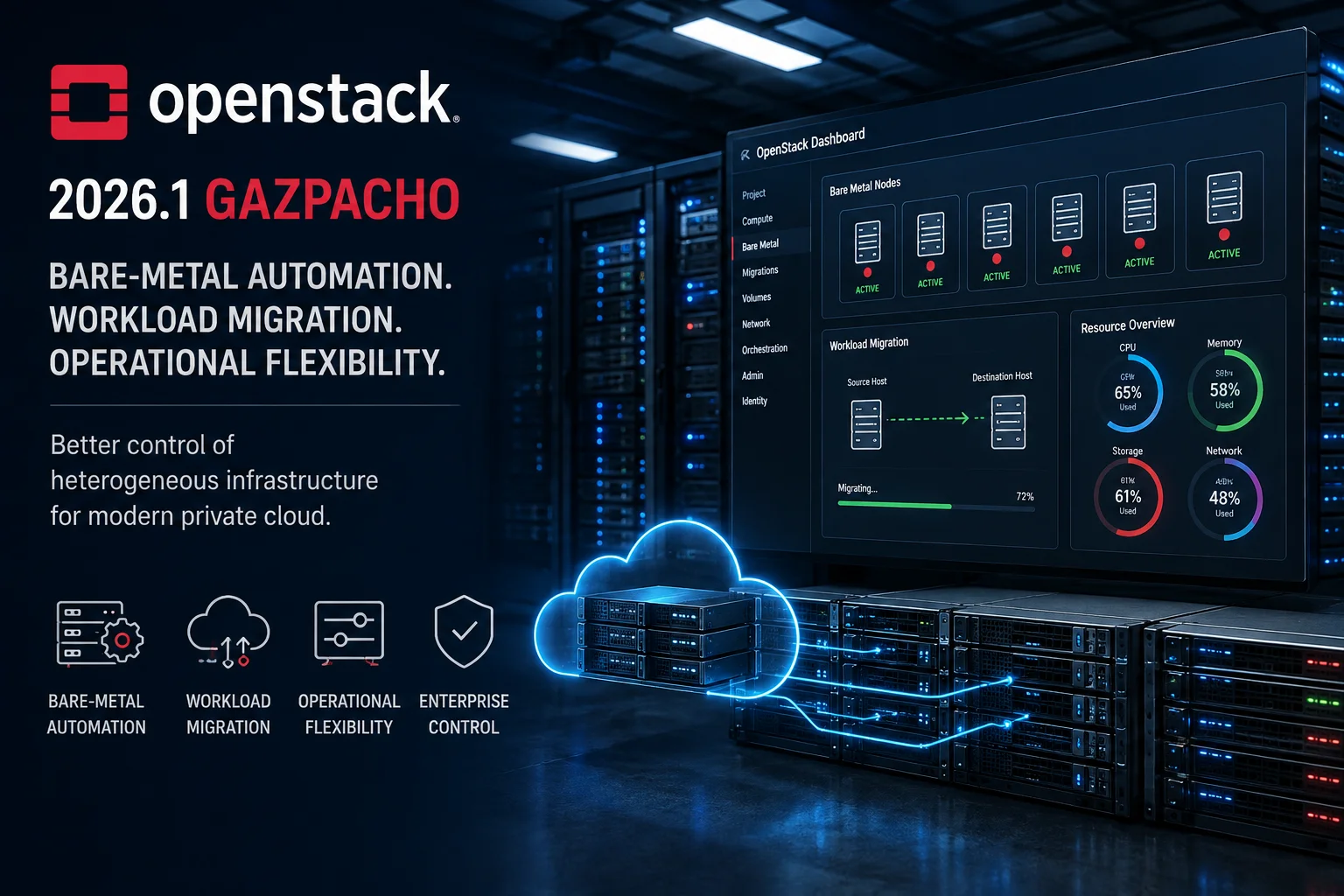 Private cloud control plane managing bare-metal servers and virtual workloads in a data center