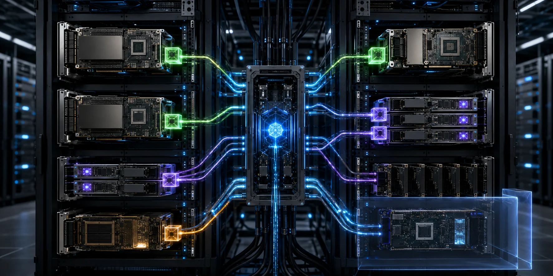 Kubernetes control plane diagram allocating GPU and accelerator devices across AI workloads