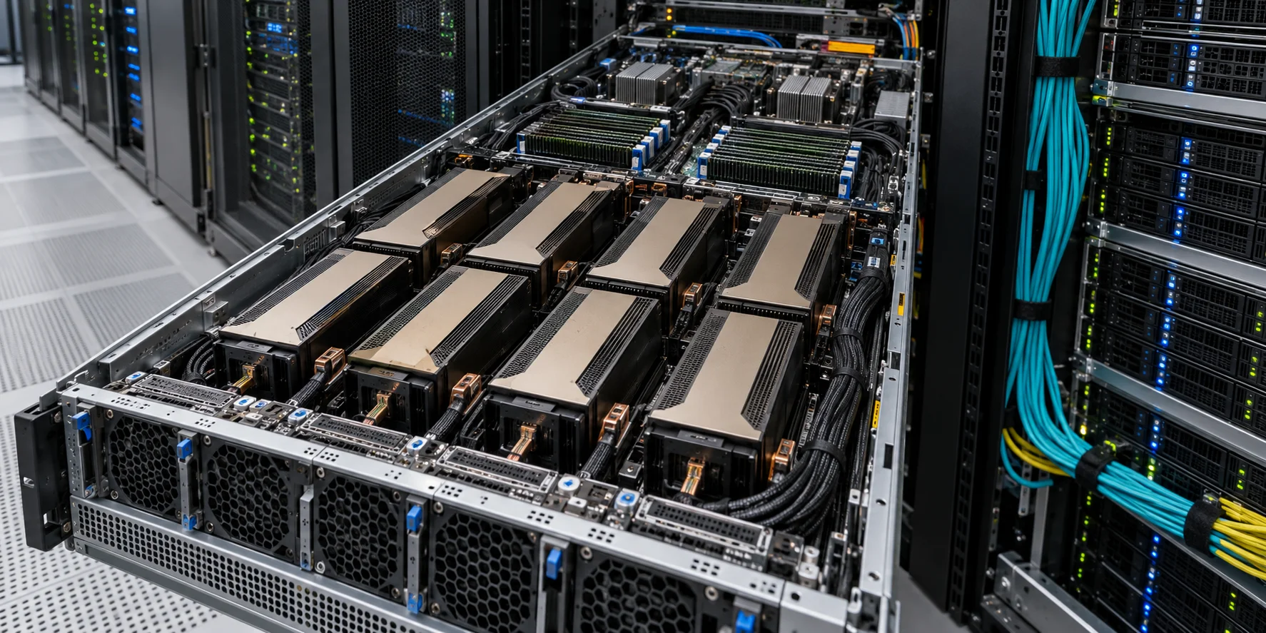 Eight-accelerator enterprise AI server with high-capacity memory, dense networking and adjacent storage infrastructure in a modern data center.