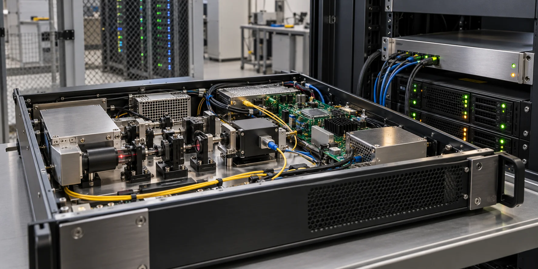 Open quantum random-number generator appliance showing its optical source, detector electronics and secured connection to enterprise cryptographic infrastructure.