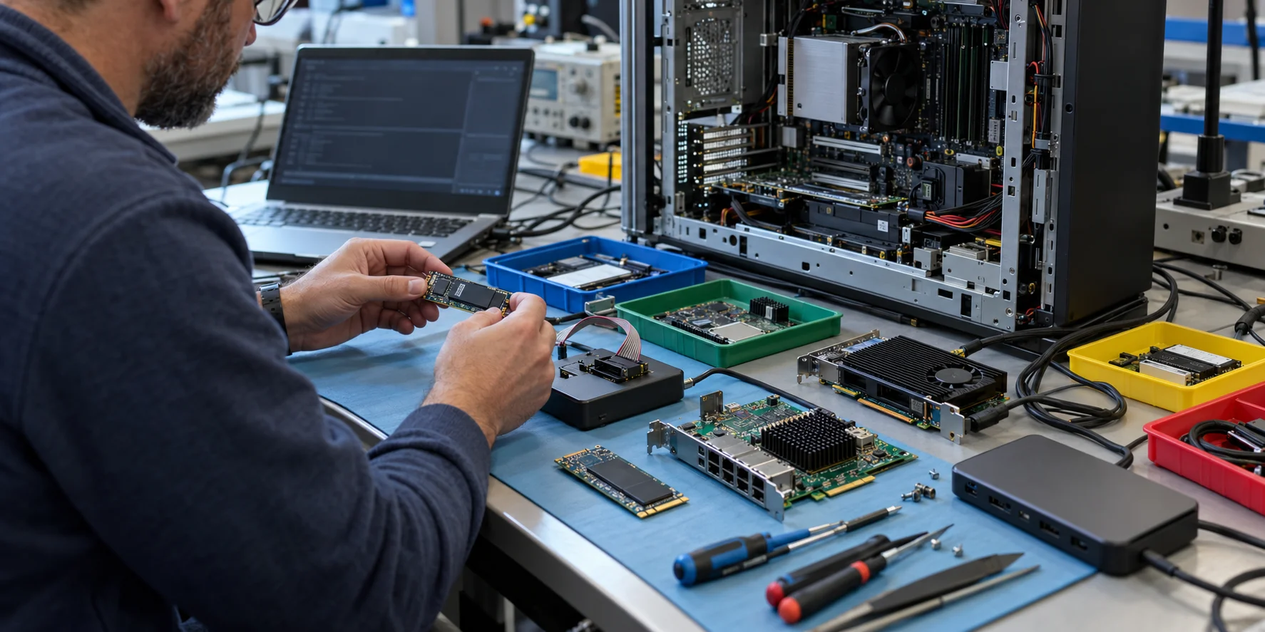 Engineer testing firmware across storage, networking and accelerator hardware on a Linux qualification workbench.